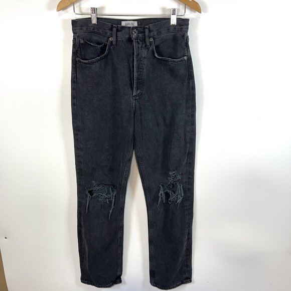 AGOLDE 90s Mid Rise Loose Sz 24 Smokestack Black Women’s Jeans Grunge Distressed - Picture 1 of 10